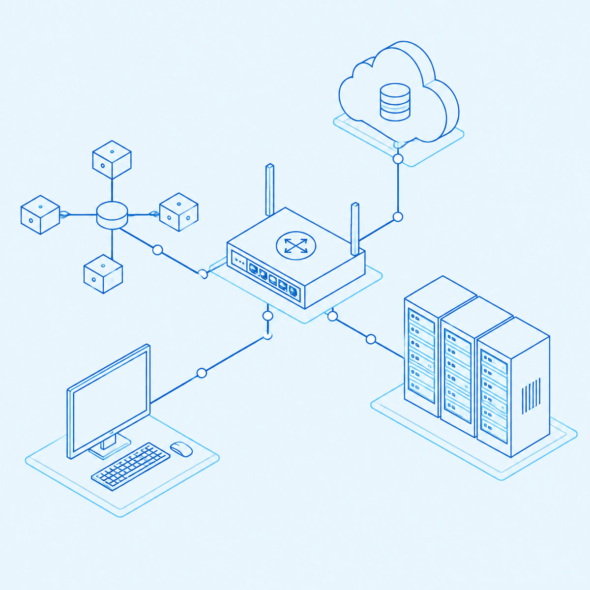 Diagram showing connected business network, cloud storage, workstation and servers