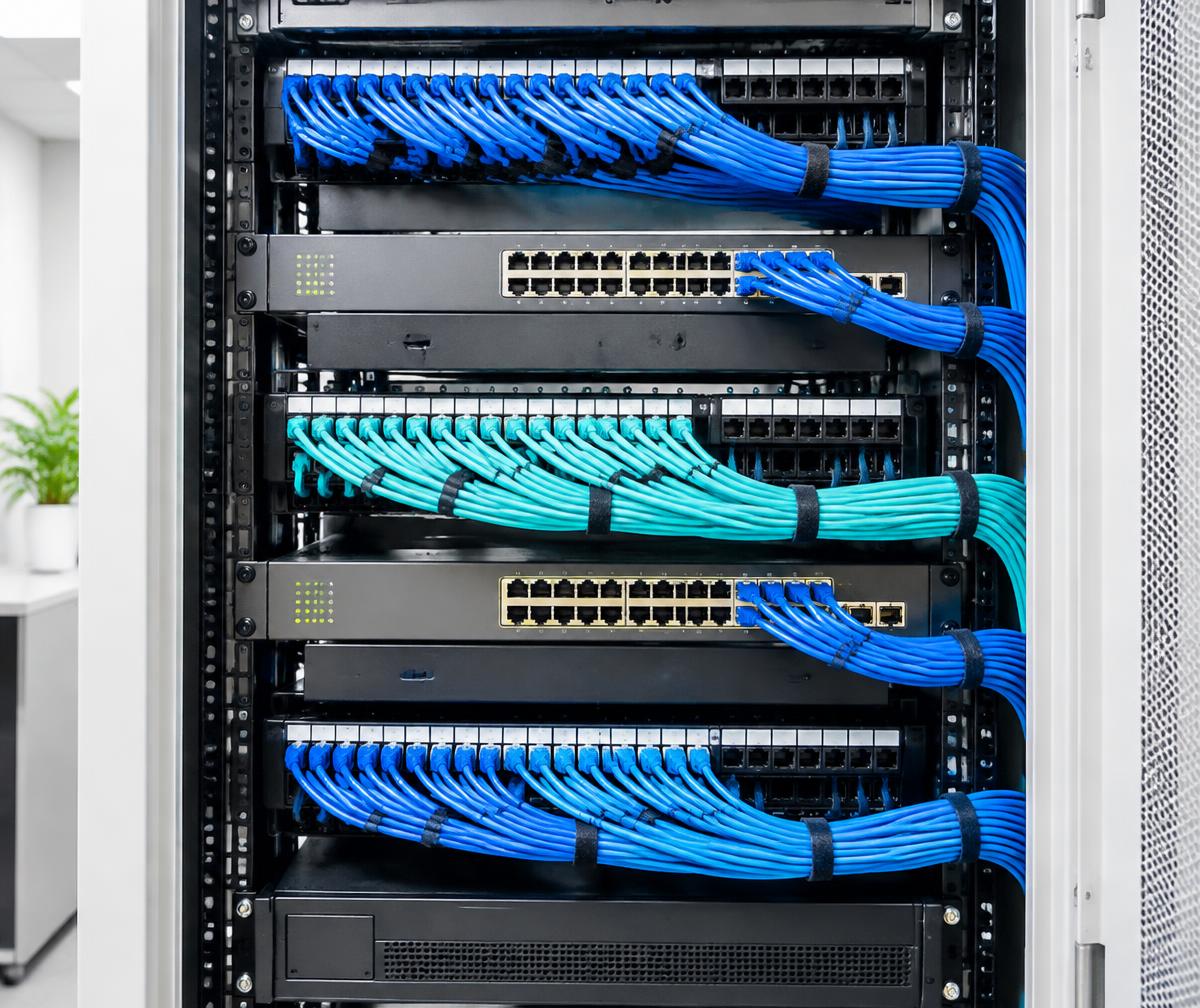 Organized business network cabinet with professionally managed cabling